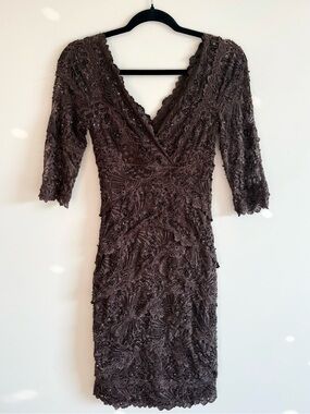 Vintage Le Chateau Chocolate Brown Beaded Lace Midi Dress Romantic Goth Y2K